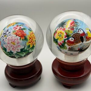 Pair of Hand-Painted White Glass Spheres with Colorful Floral & Bird Motifs
